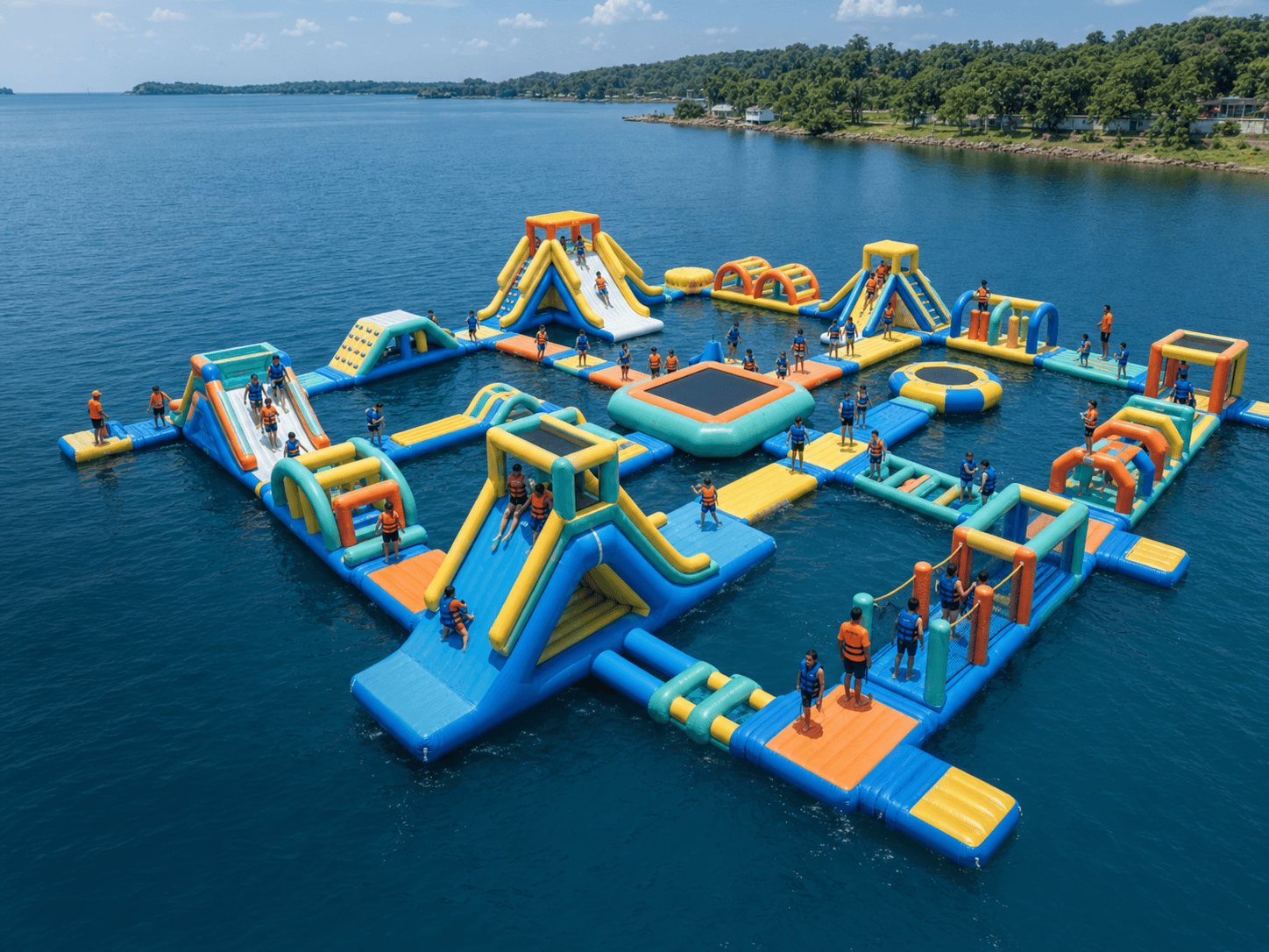 Family-friendly inflatable water park with trained safety lifeguards at Aquatown Gujarat